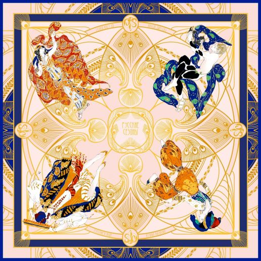 Платок "Русские сезоны. Леон Бакст", 90*90, ручная подшивка 100% шелк