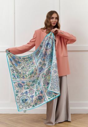 Платок "Русская эмаль"нежная, 90*90, шелк 100% с ручной подшивкой