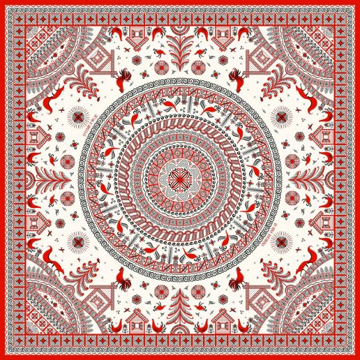 Платок "Мезенская роспись", 90*90, 70% шёлк 30% вискоза ручн. подш.