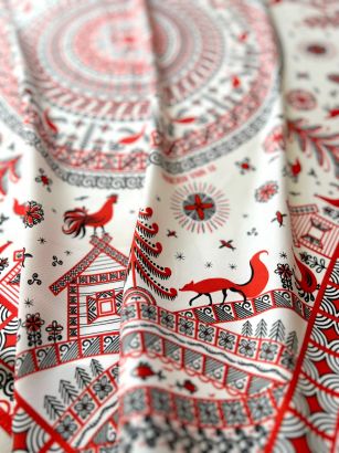 Платок "Мезенская роспись", 90*90, 70% шёлк 30% вискоза ручн. подш.