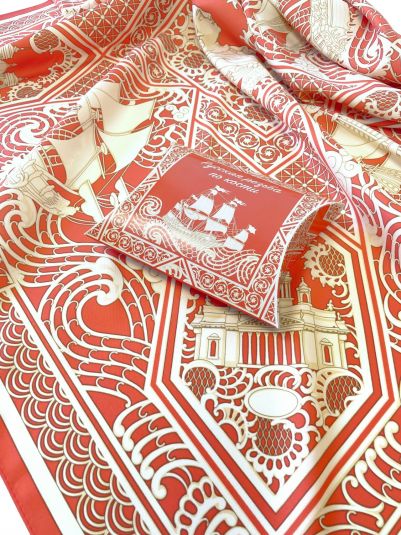 Платок "Резьба по кости" 90*90, шелк 70% вискоза 30% ручн. подш.